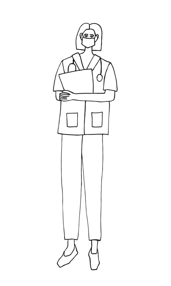 Doctor doodle illustration. Vector illustration medical staff. Nurse standing in full growth.