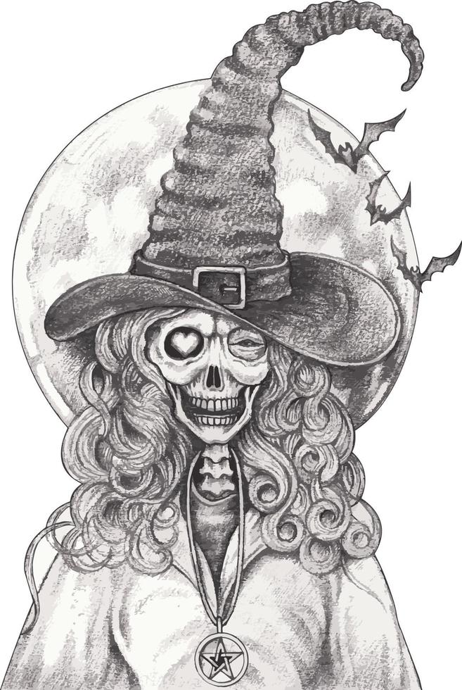 Art surreal fantasy witch skull. Hand drawing and make graphic vector. vector