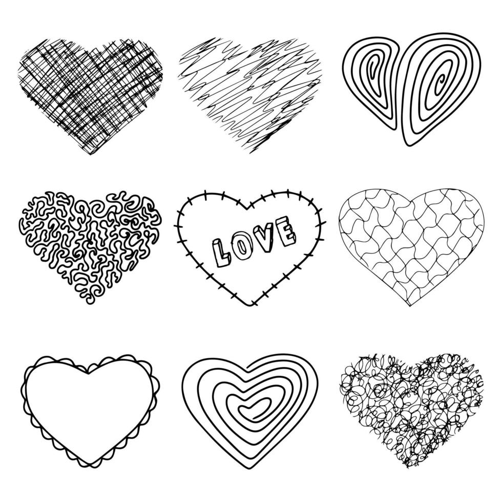 conjunto de iconos de corazón de fideos. dibujos a mano alzada. vector