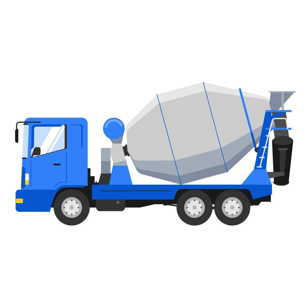 Concrete mixer heavy truck side view isolated on white background. Construction vehicle flat vector