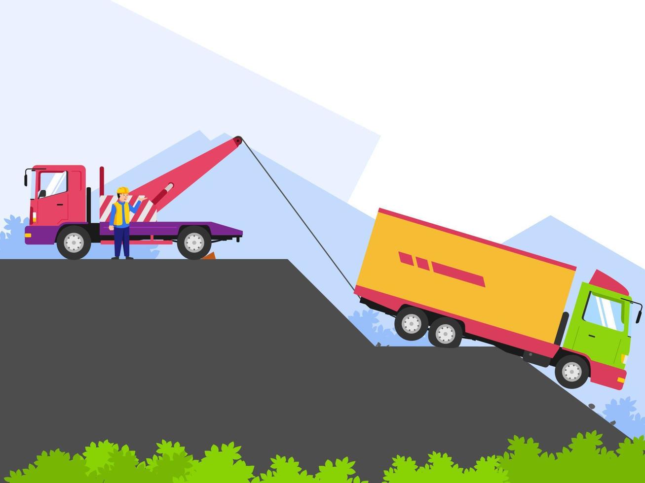 tow truck pulling a big truck that is mired in a ravine, truck accident, rescue, simple vector illustration