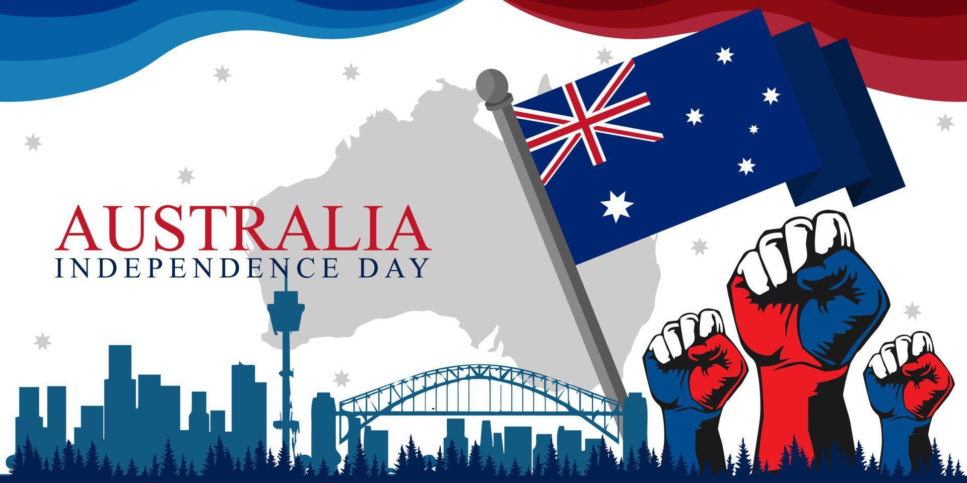 feliz día de australia, día de la independencia. fondo de la ciudad y elementos de ilustración y vector de bandera. adecuado para pancarta