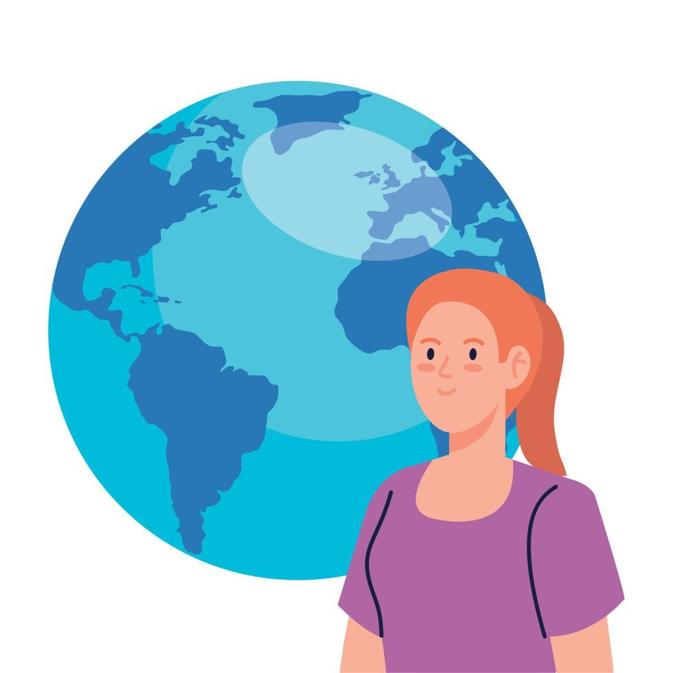 young woman with world planet on white background vector