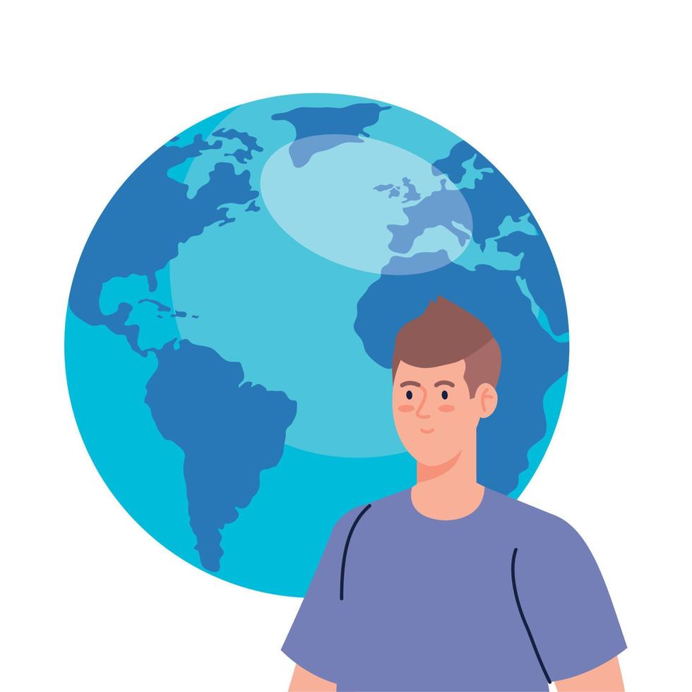 young man with world planet on white background vector