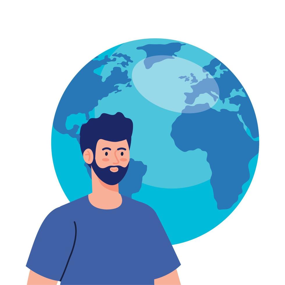 young man with world planet on white background vector