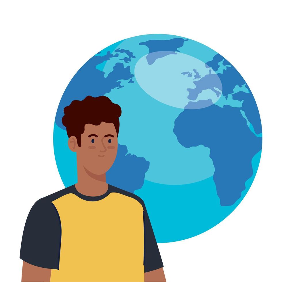 joven afro con planeta mundial sobre fondo blanco vector