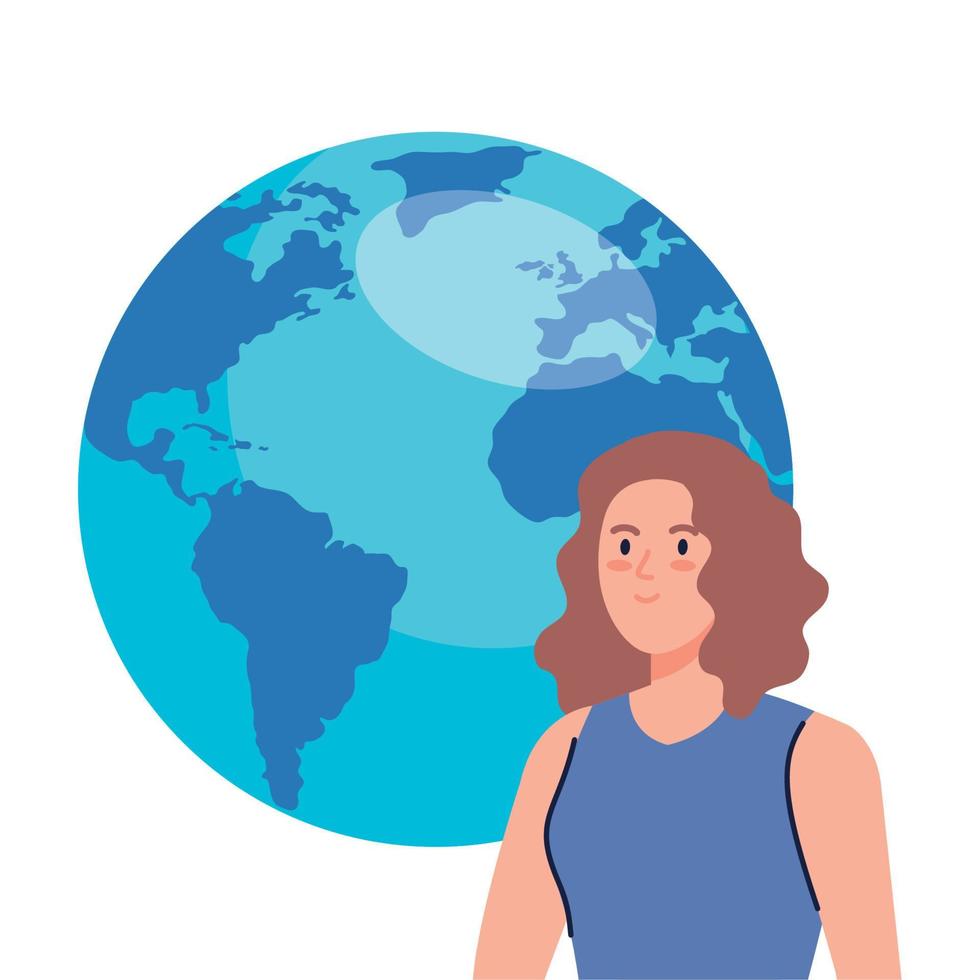 Mujer joven con planeta mundial sobre fondo blanco. vector