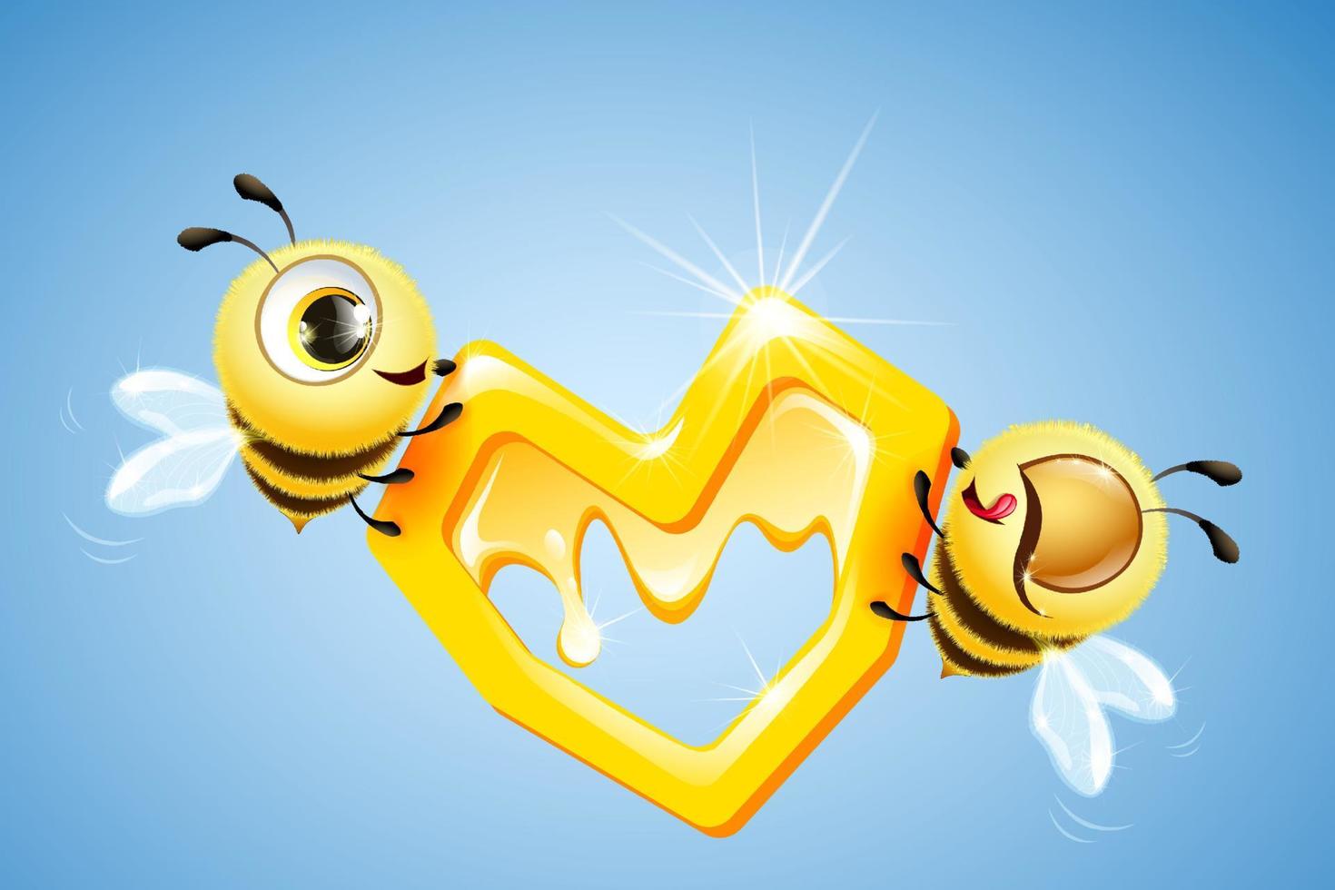 Heart shape sweet honeycomb and cute fluffy bee in love character couple, Valentine's day concept card. vector