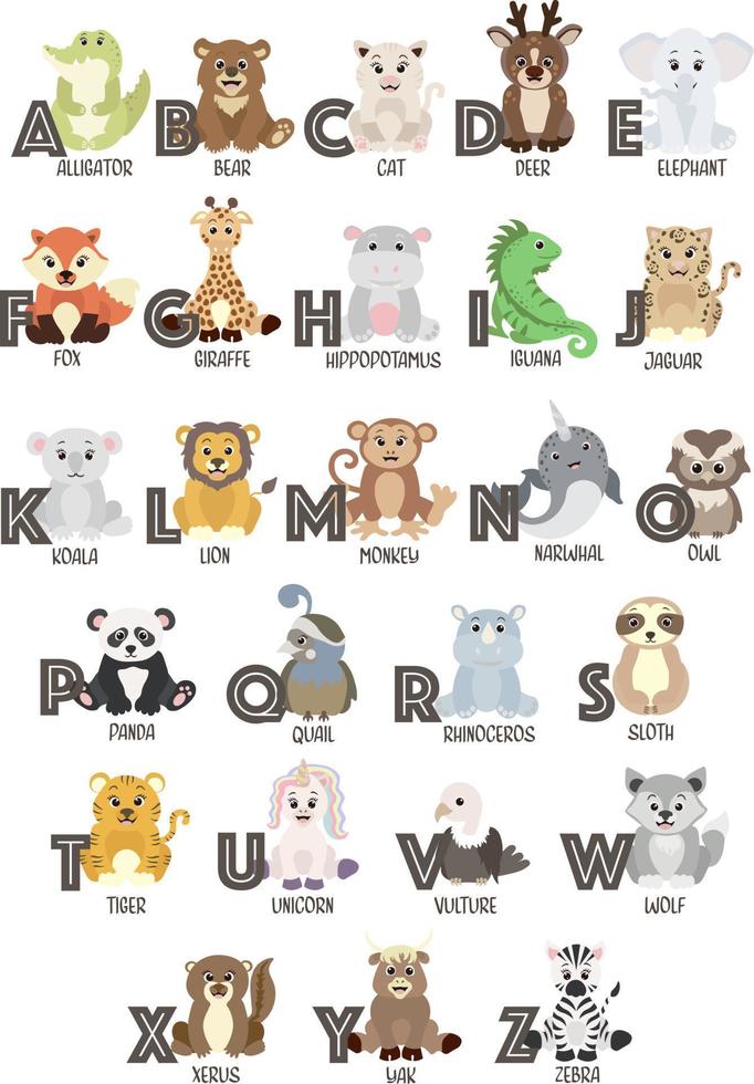 English alphabet Cute Animals for kids education. Funny hand drawn character style. Vector illustration.