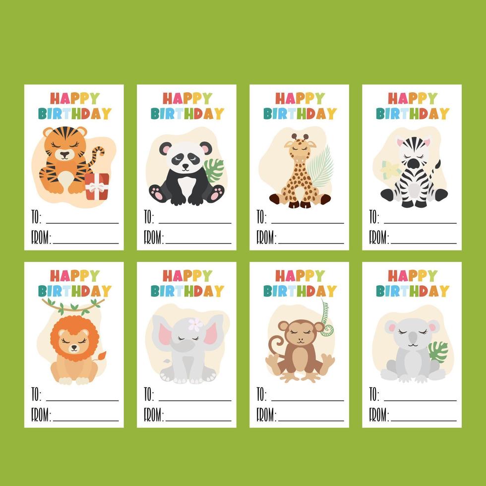 etiquetas de animales de safari. etiquetas de regalo imprimibles con feliz cumpleaños vector