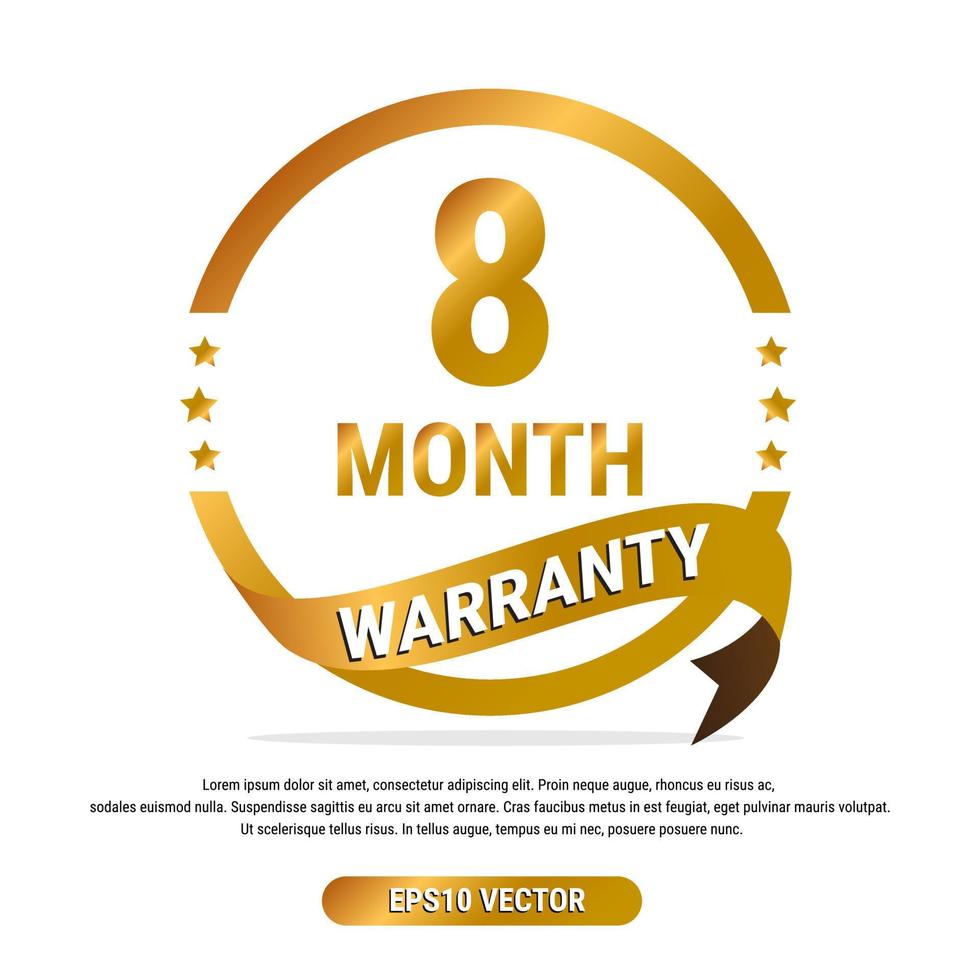 8 month warranty golden badge isolated on white background. label guarantee vector