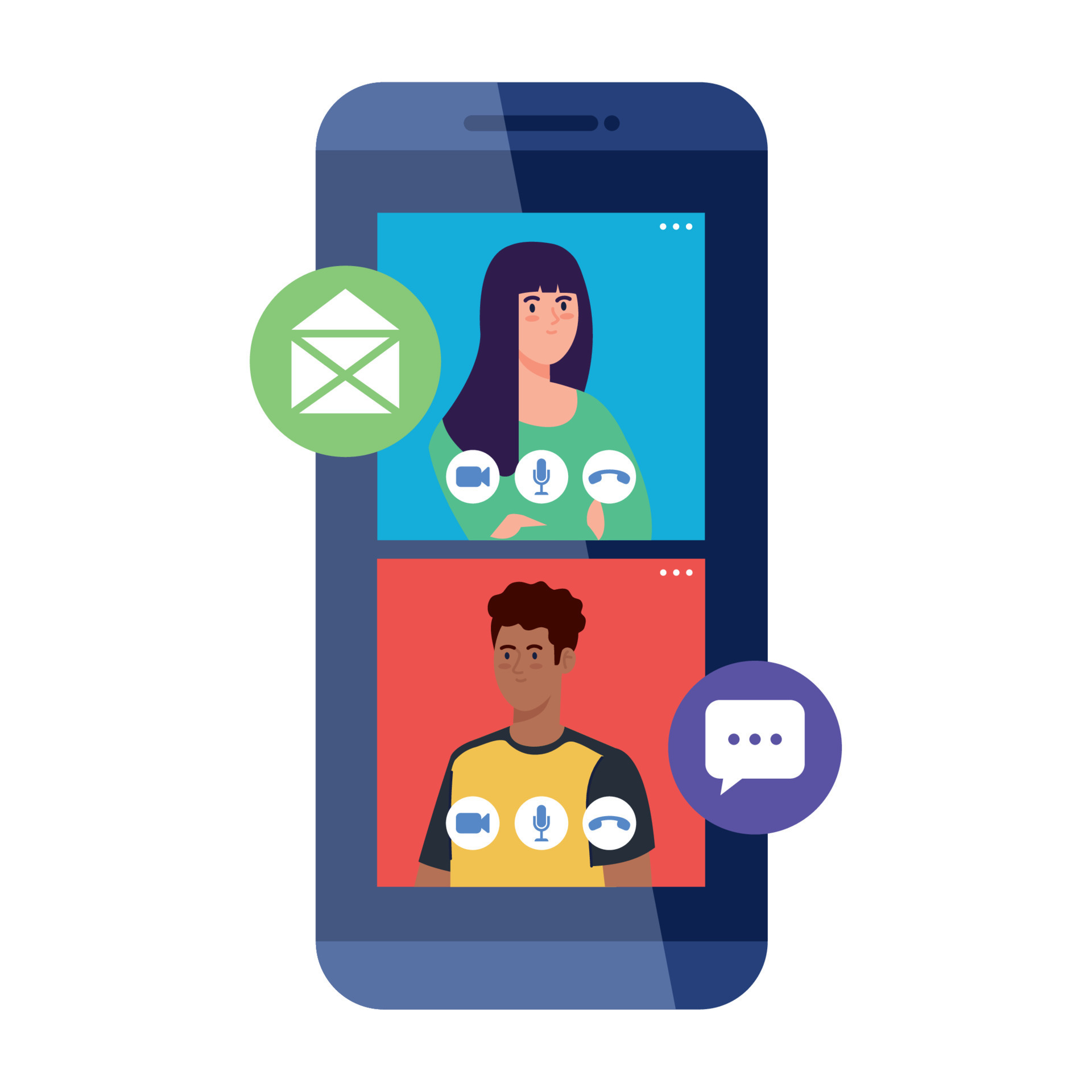 couple in video chatting online on smartphone, with social media icons