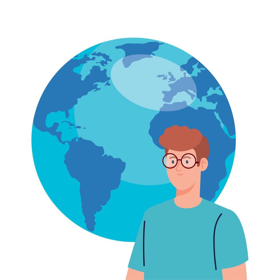 young man using eyeglasses with world planet on white background vector
