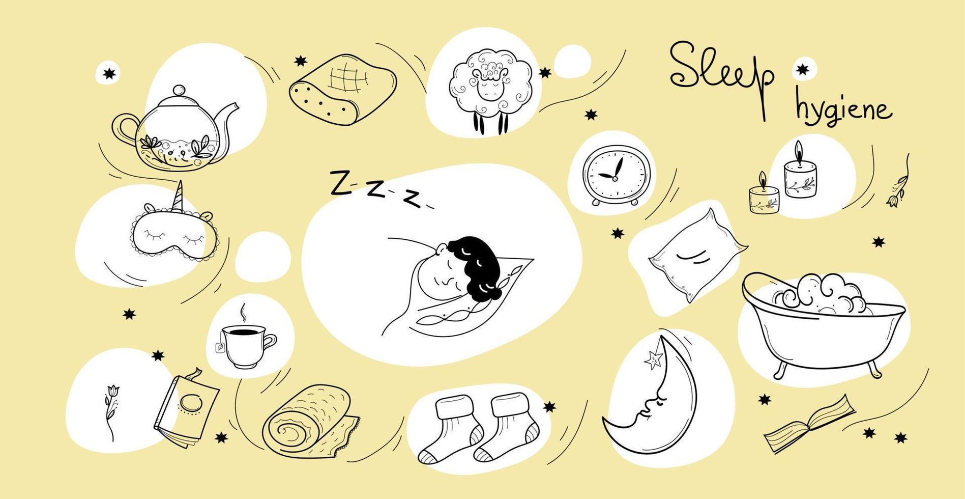 Sleep hygiene set, vector doodle hand drawn sketch illustration