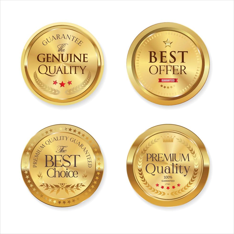 Collection of premium quality round polished gold metal badges on white background vector