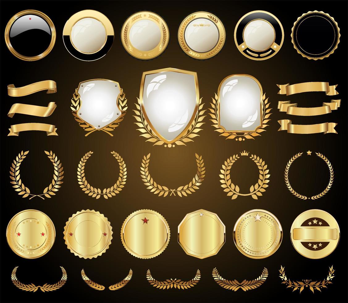 Collection of golden badges labels laurel wreaths and shield vector illustration