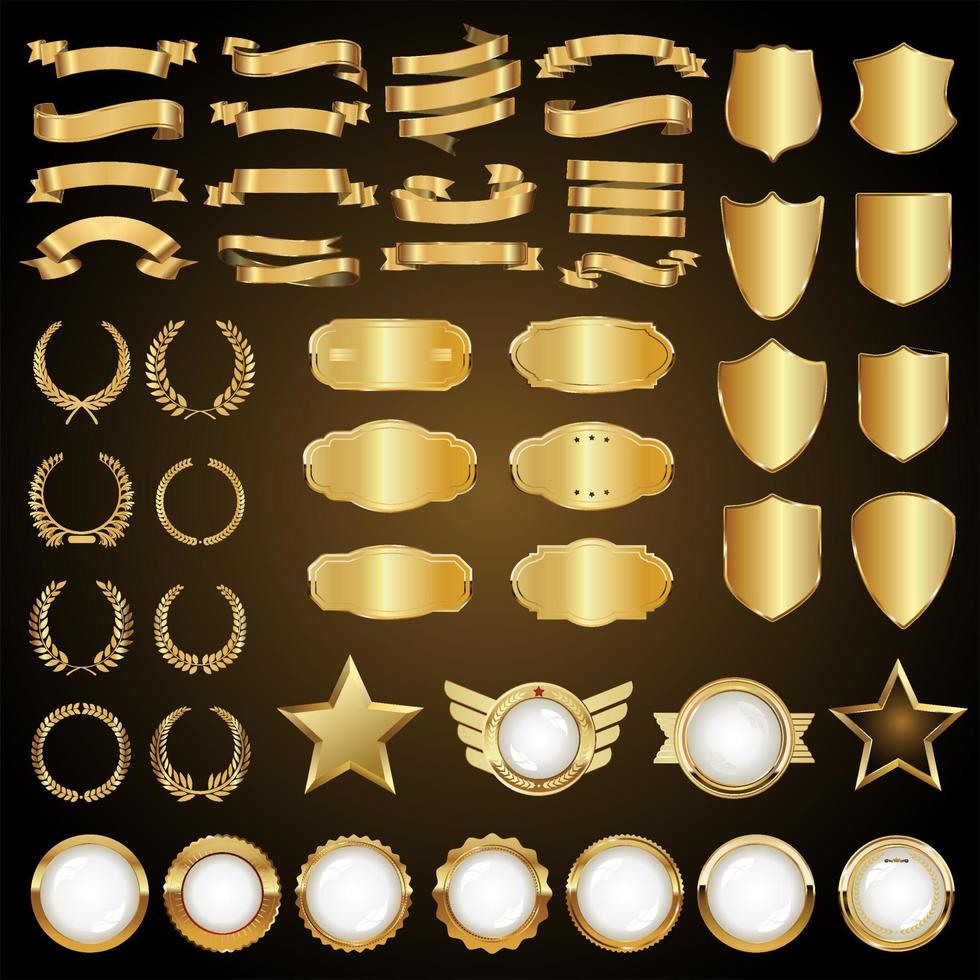 Collection of golden badges isolated on black background vector illustration