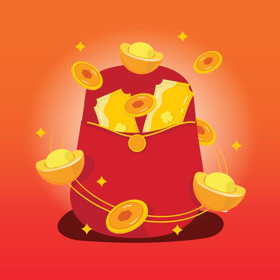 ilustración, vector, bolsa de dinero roja. cristal amarillo dragón. fortuna. fondo aislado vector