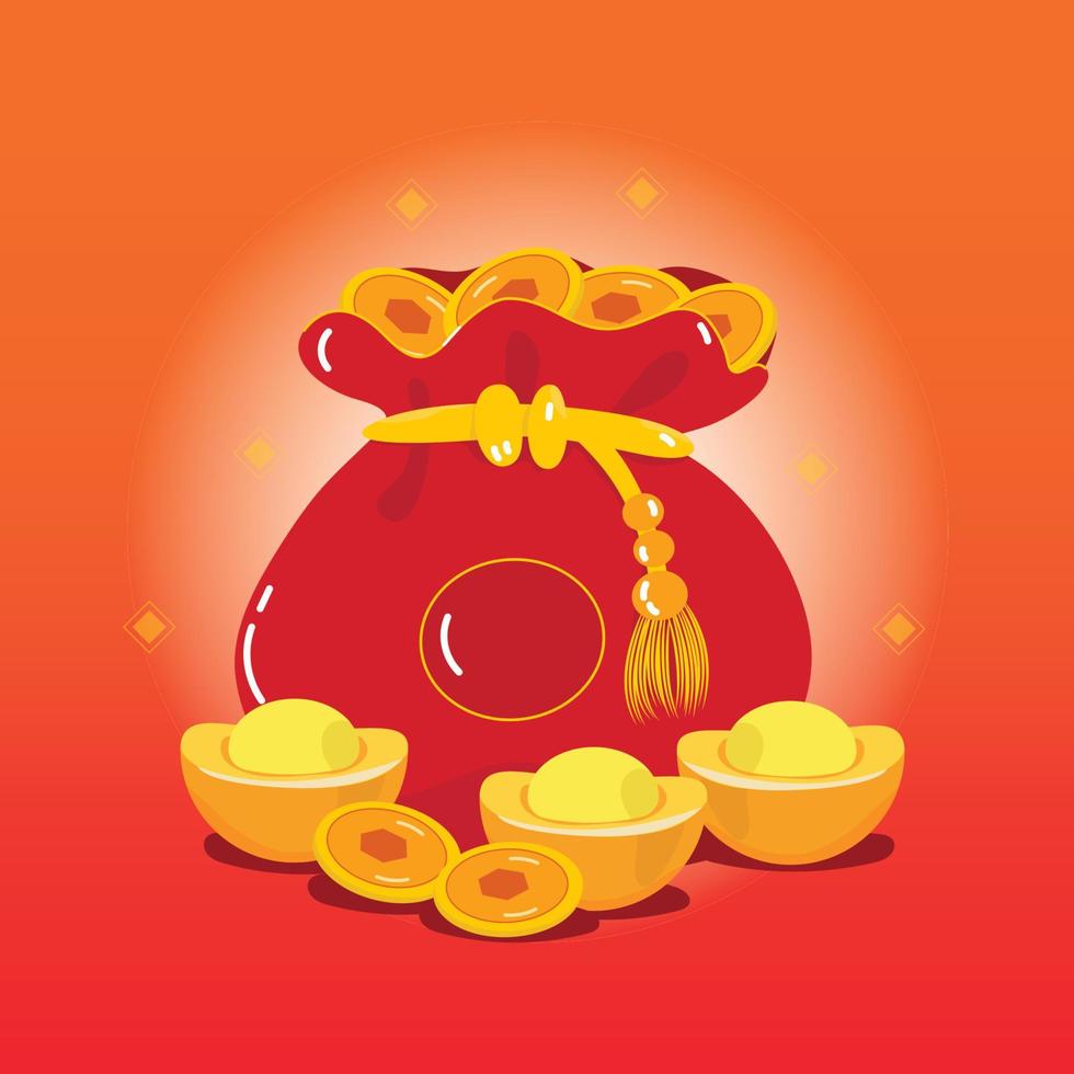 Illustration, vector, red money bag. Dragon yellow crystal. Fortune. Isolated background vector