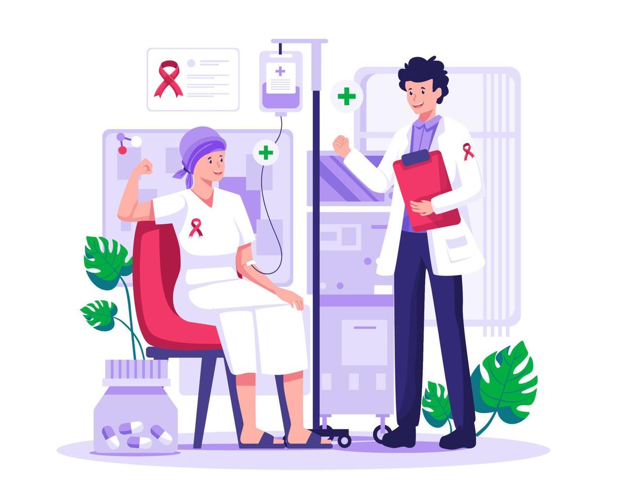 A cancer woman patient is undergoing chemotherapy treatment and supports accompanied by a male doctor. World cancer day concept illustration vector