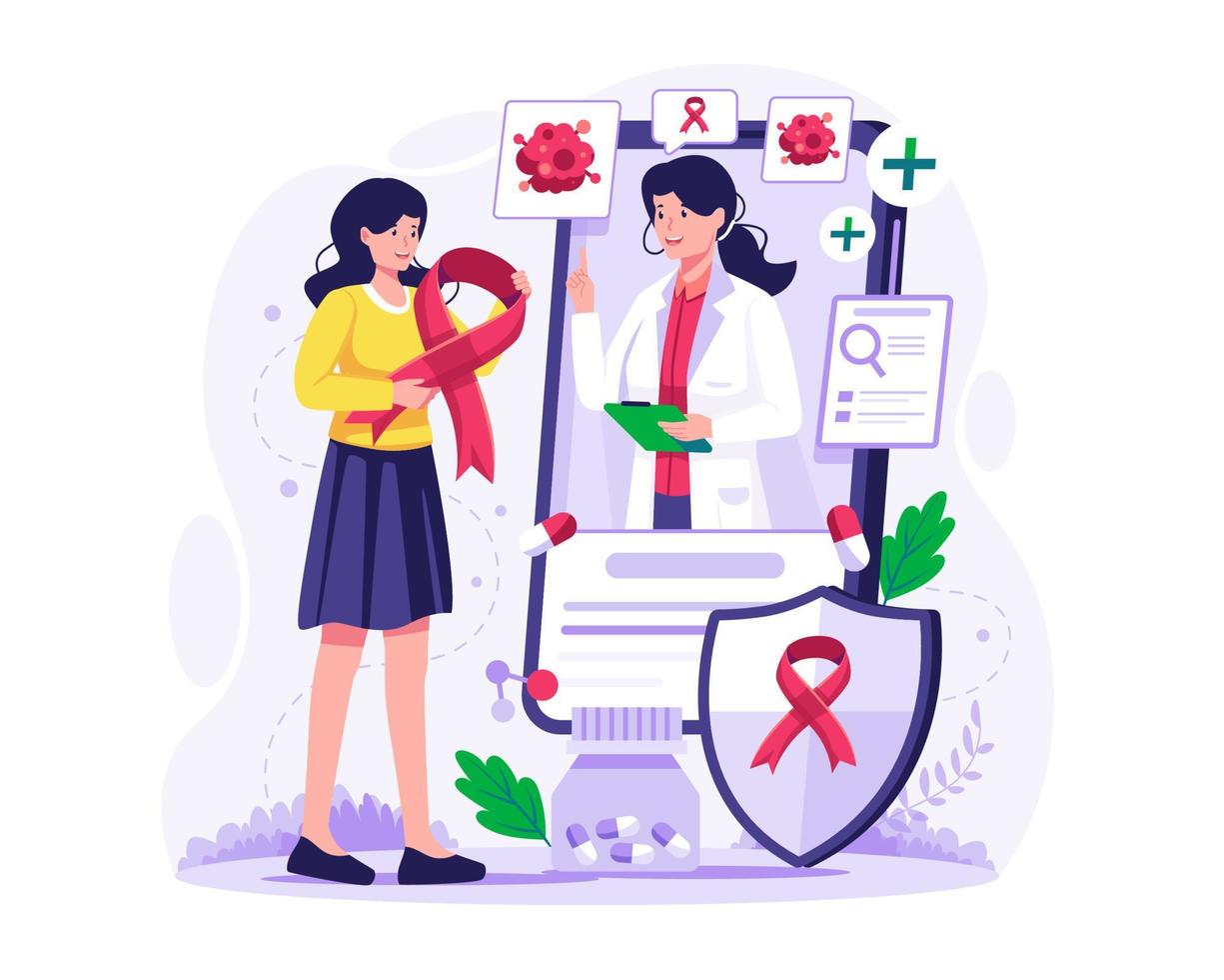 A girl is having an online consultation with a doctor. Cancer disease diagnostic and treatment. Oncologist Online service concept illustration vector