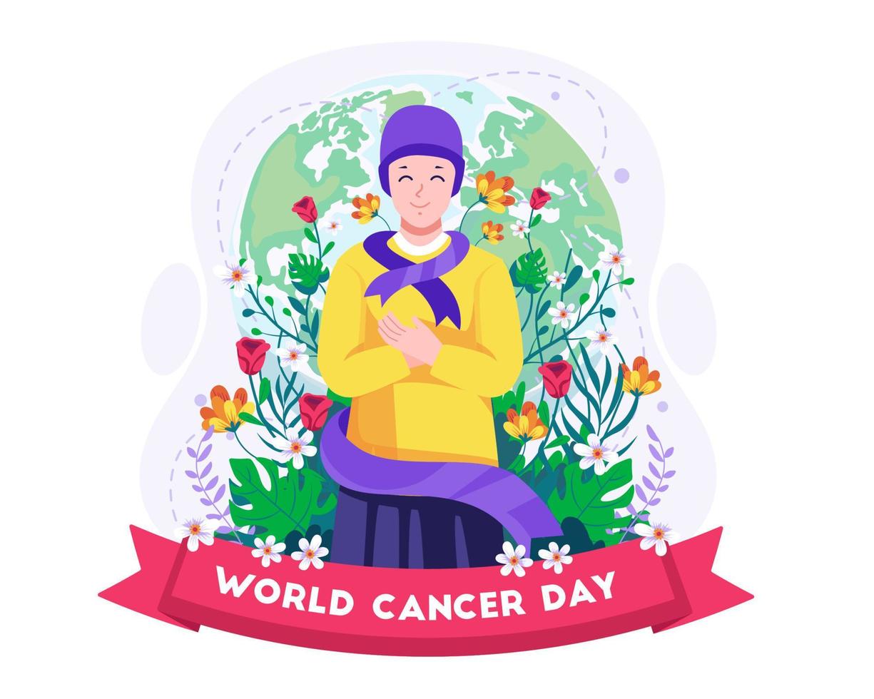 Happy cancer girl embracing self with a purple support ribbon. World cancer day illustration concept vector