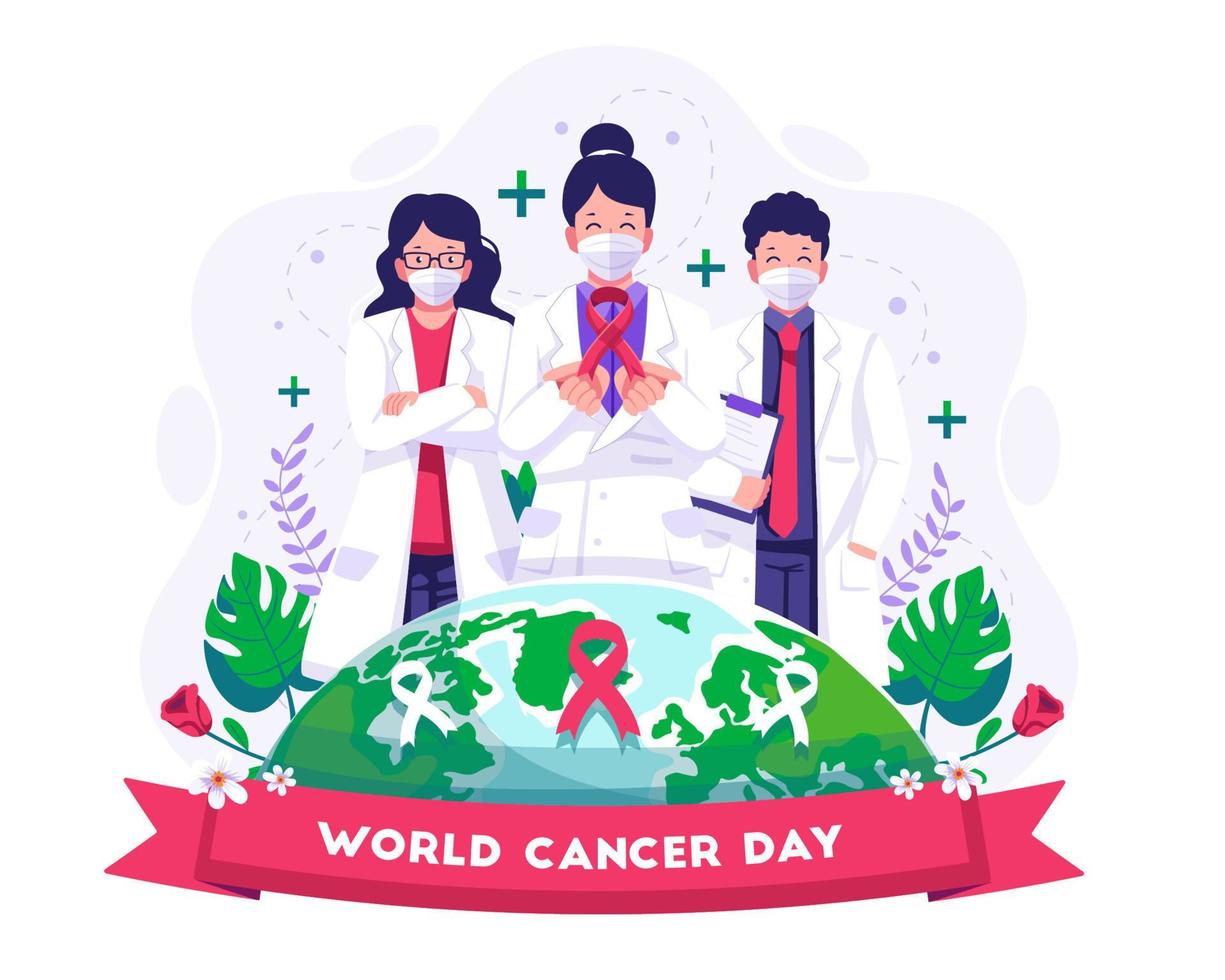 A Female doctor holding red ribbon cancer awareness symbol. Doctors and medical personnel celebrate World cancer day. Vector illustration in flat style
