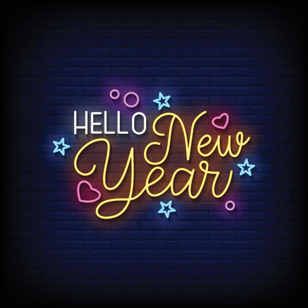 cartel de neón hola año nuevo con ilustración de vector de fondo de pared de ladrillo