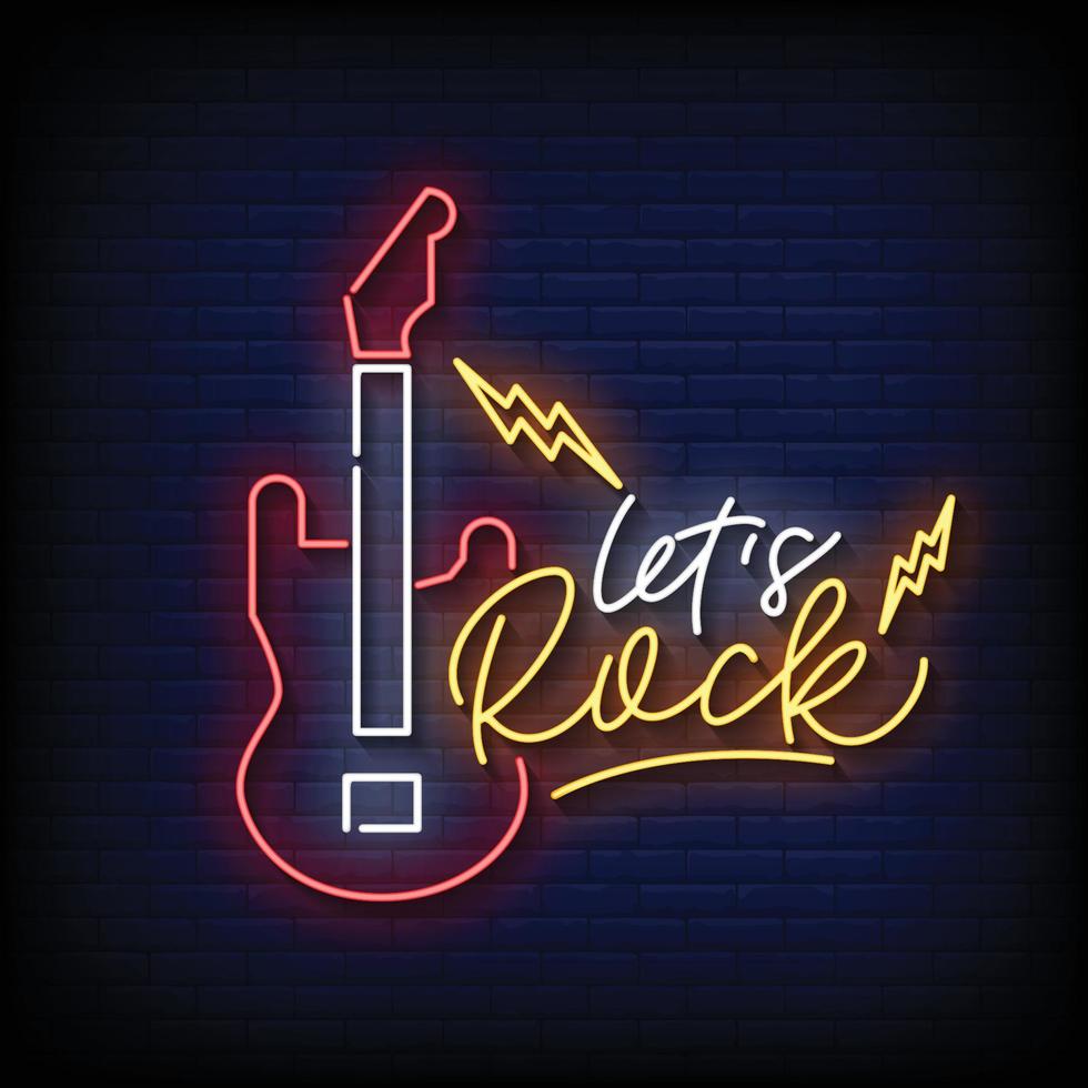 neon sign lets rock with brick wall background vector illustration