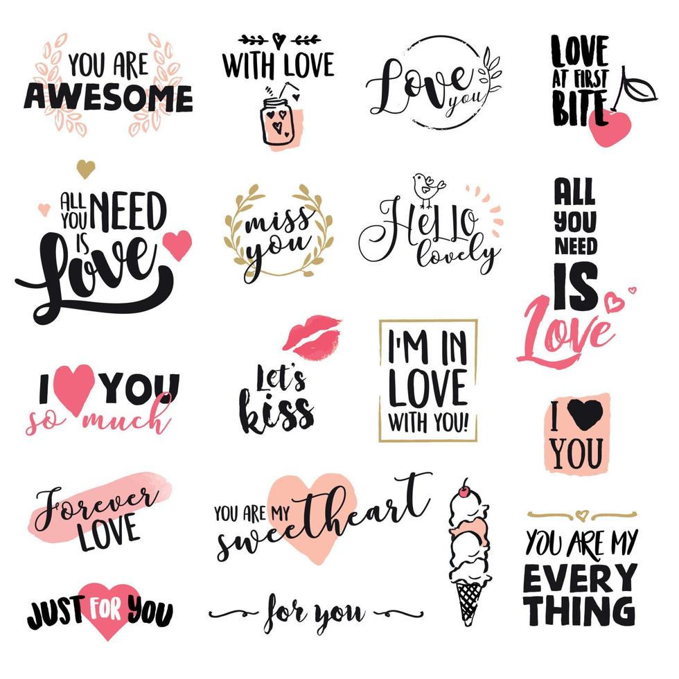 Valentine day signs collection. Hand drawn vector illustrations for greeting cards, love messages, social media, networking, web design.