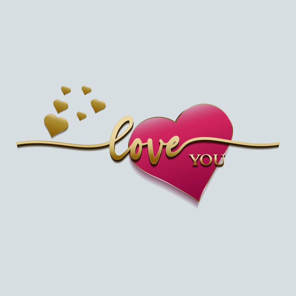 Valentines day card with gold text love you and hearts. Background illustration for mothers day, invitation with red gold heart. vector