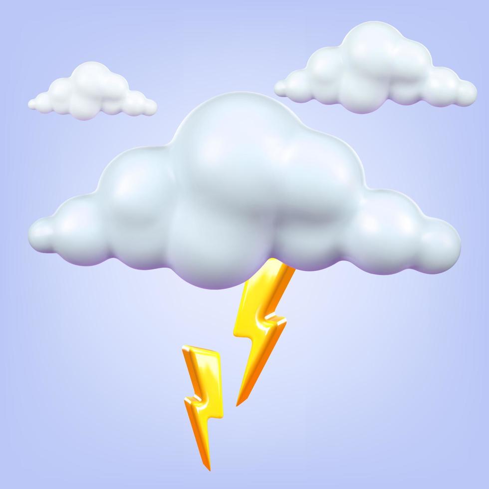 Weather icon Cloud with lightning, Plastic volumetric 3d render. Realistic vector illustration