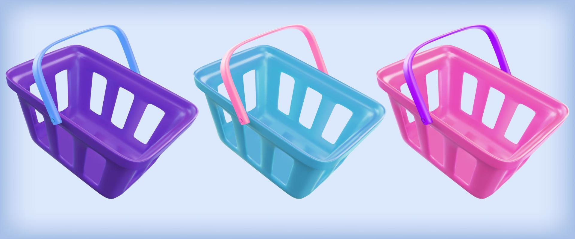 carrito de compras. juego de cesta de comida realista. renderizado vectorial 3d en estilo plástico. vector