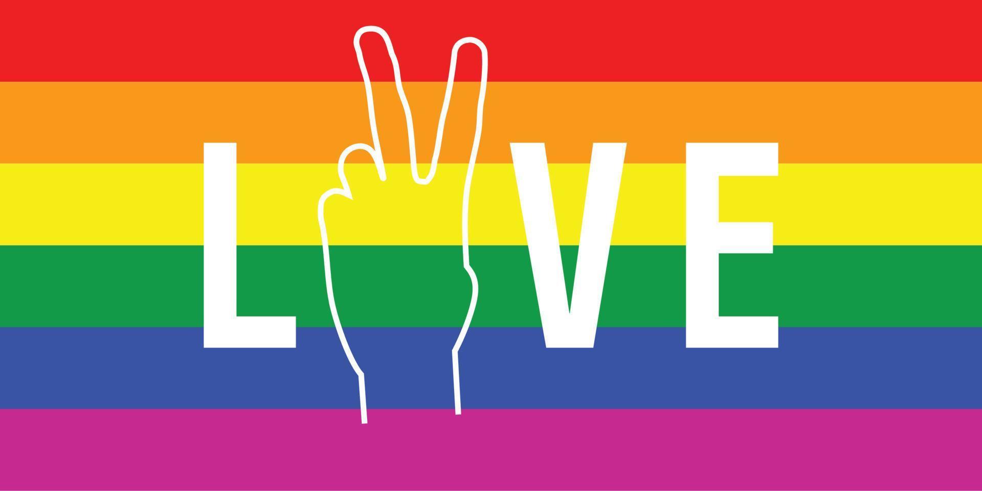 Lettering love with peace sign in the middle on the rainbow background. LGBT Pride Month vector