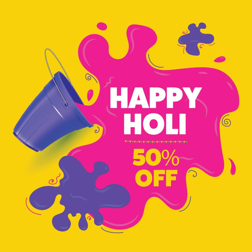 Holi sale special offer template. color splash coming out from bucket. vector