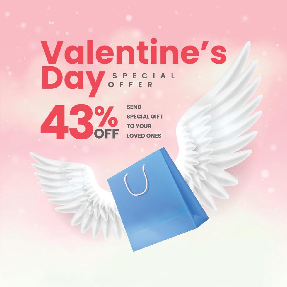 plantilla de banner de oferta de día de san valentín. bolsas de compras con alas volando. enviar concepto de regalo. vector