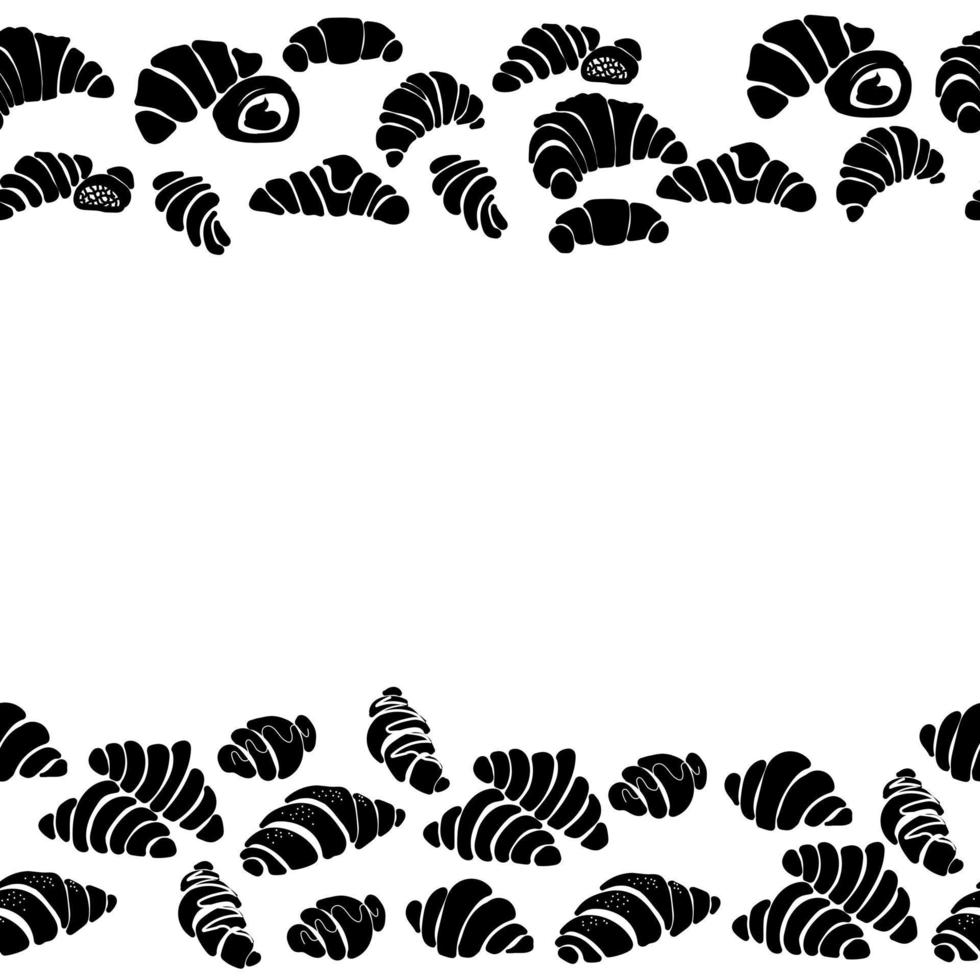 Horizontal border of croissant silhouettes, sweet pastries in the form of a parallel frame for menu design, flyers, etc. vector