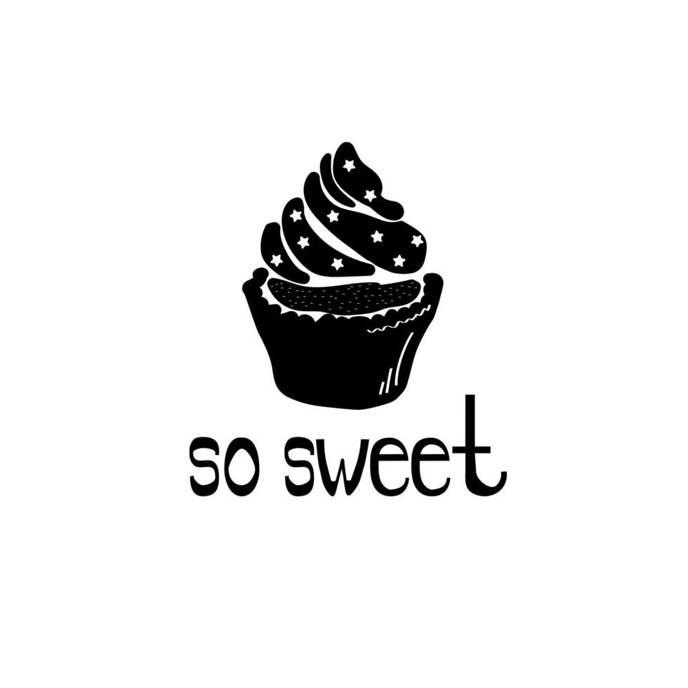 silueta de cupcake con crema y estrellas, logo de pastelería dulce con decoración y frase temática vector
