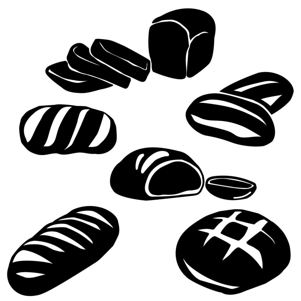 Set of silhouettes of bread of various shapes, whole loaves of bread and slices, logo for a store or bakery vector