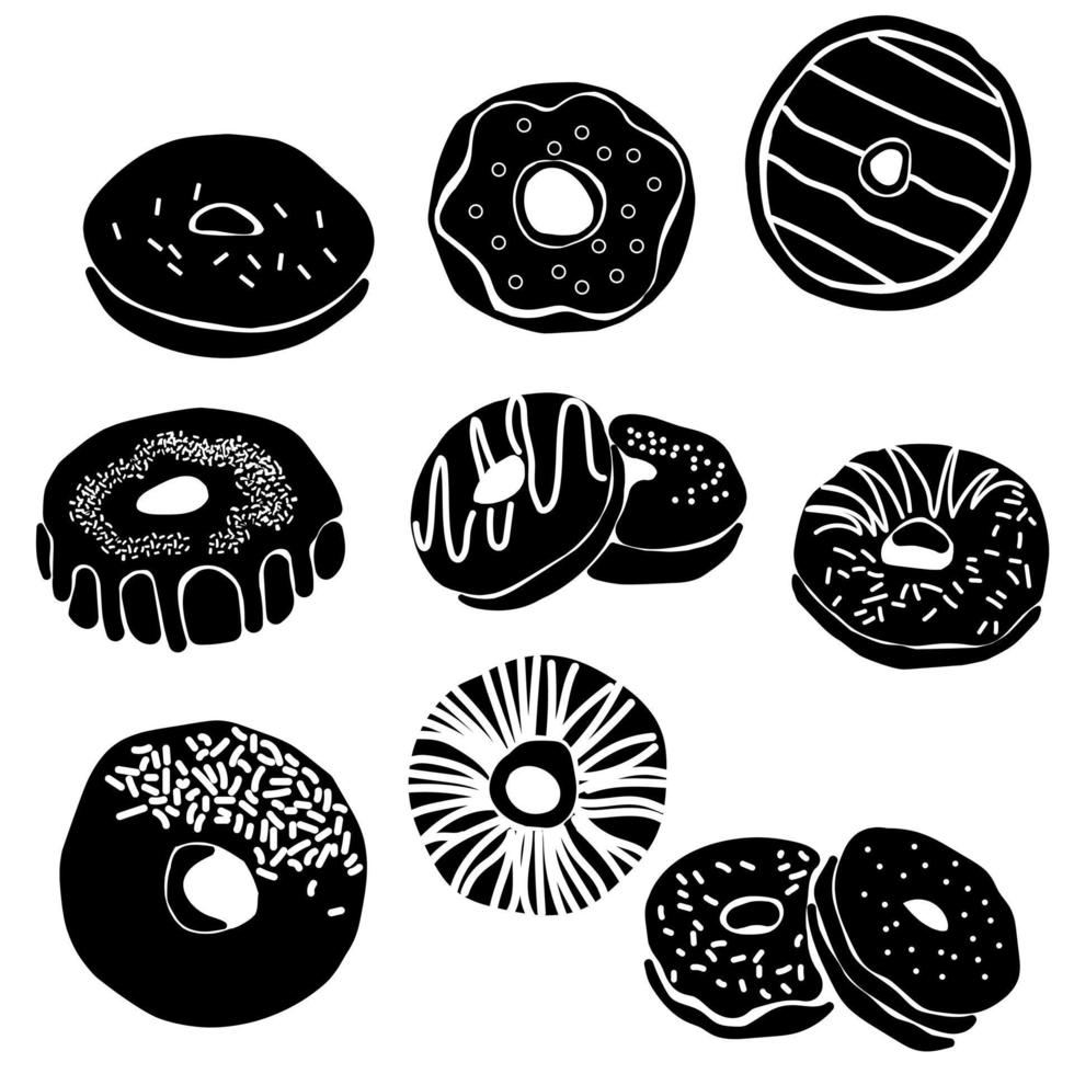 conjunto de siluetas de donuts con chispas, glaseado y chocolate, íconos o logotipo para una panadería en color negro en un estilo plano vector