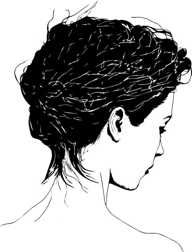 Black and white vector sketch illustration of woman head and hair