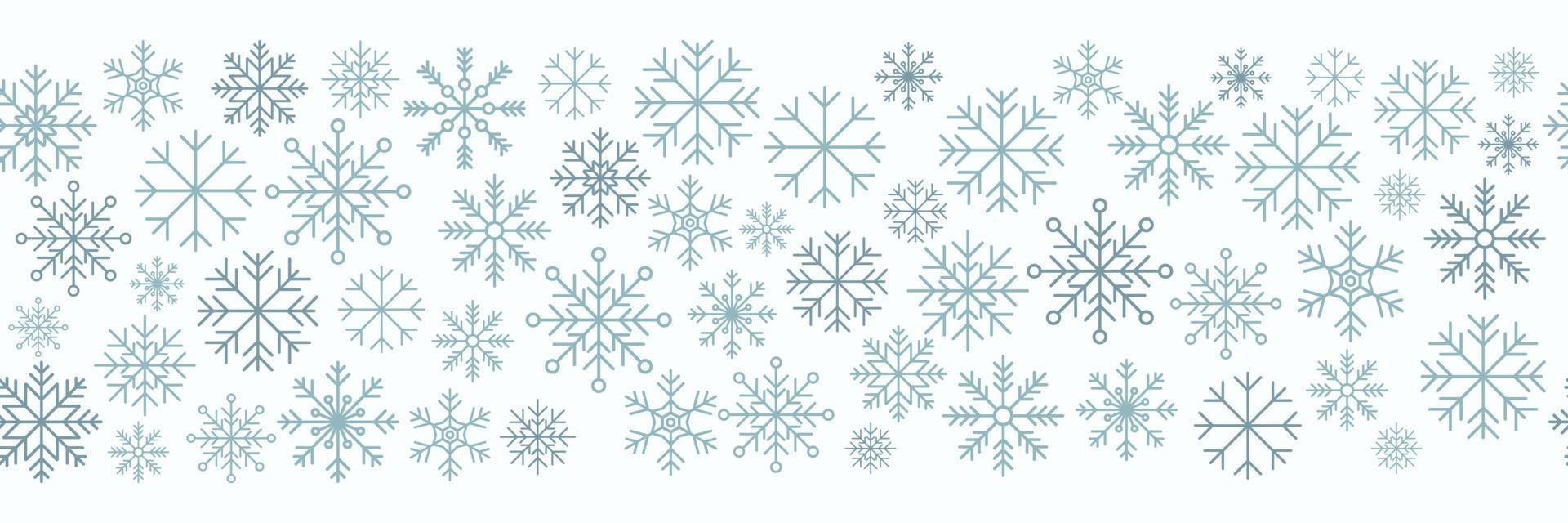 Snowflake seamless border. Snowflakes seamless pattern. Snowfall repeat backdrop. Winter holidays theme. Seamless background with snowflakes. Vector illustration
