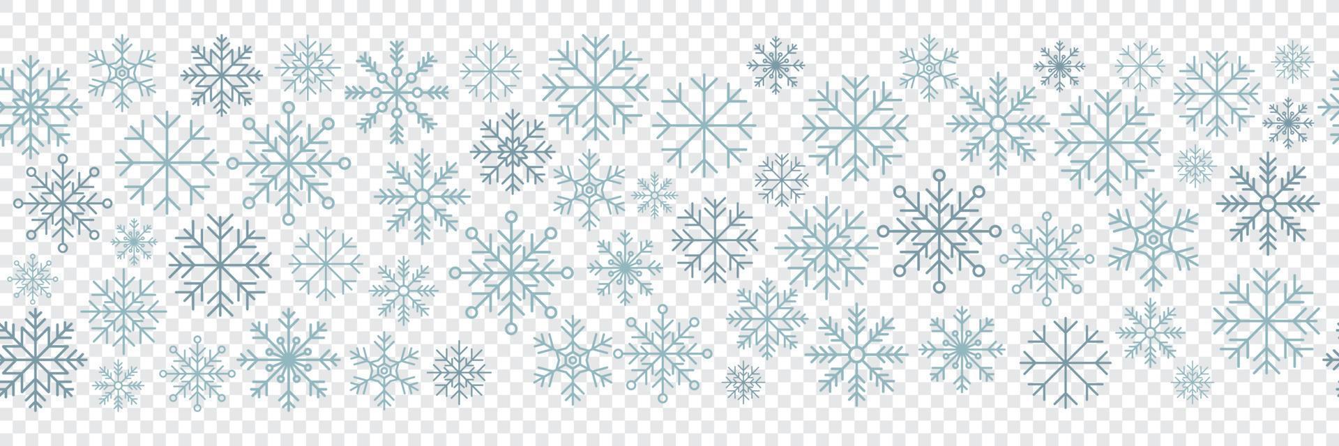 Snowflake seamless border. Snowflakes seamless pattern. Snowfall repeat backdrop. Winter holidays theme. Seamless background with snowflakes. Vector illustration