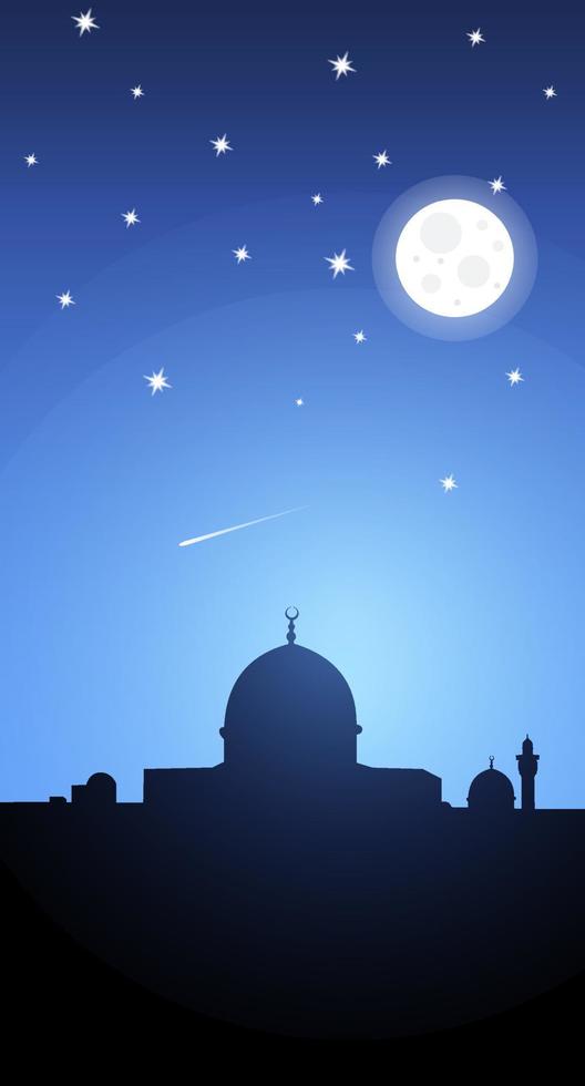 Dark mosque silhouette on blue night. Mosque vector silhouette in ramadan kareem with sky and moon. Starry sky. Vector illustration