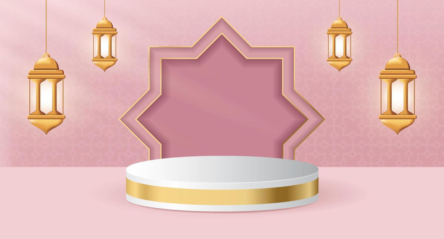Podio de exhibición de productos 3d con temática islámica con linterna para ramadán. decoración de podio de pantalla 3d islámica con linterna realista. ilustración vectorial vector