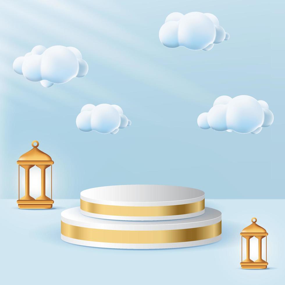 Gold islamic product display mockup. Ramadan kareem with golden lamp and podium. 3d product display podium themed islamic with lantern. Vector illustration