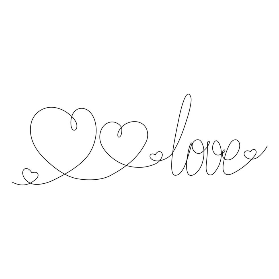 Continuous line drawing sign of love two Hand drawn hearts and lettering love. Happy Valentines day vector