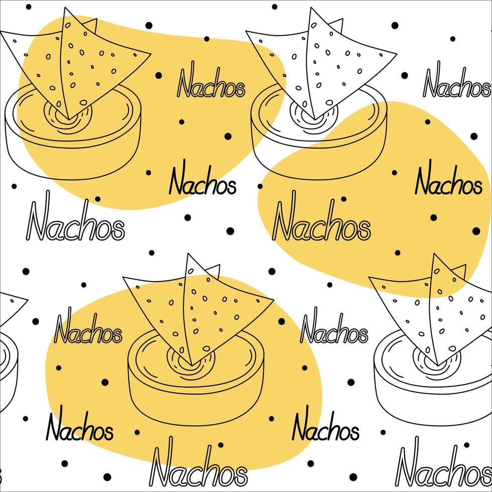 Endless pattern with traditional corn Mexican chips Nachos and sauce in bowl with lettering Nachos vector