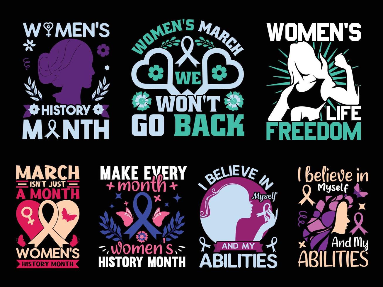 set of women's history month designs for t-shirts, posters, crafts, etc. all designs created with fist, love, silhouette, ribbon, etc. vector