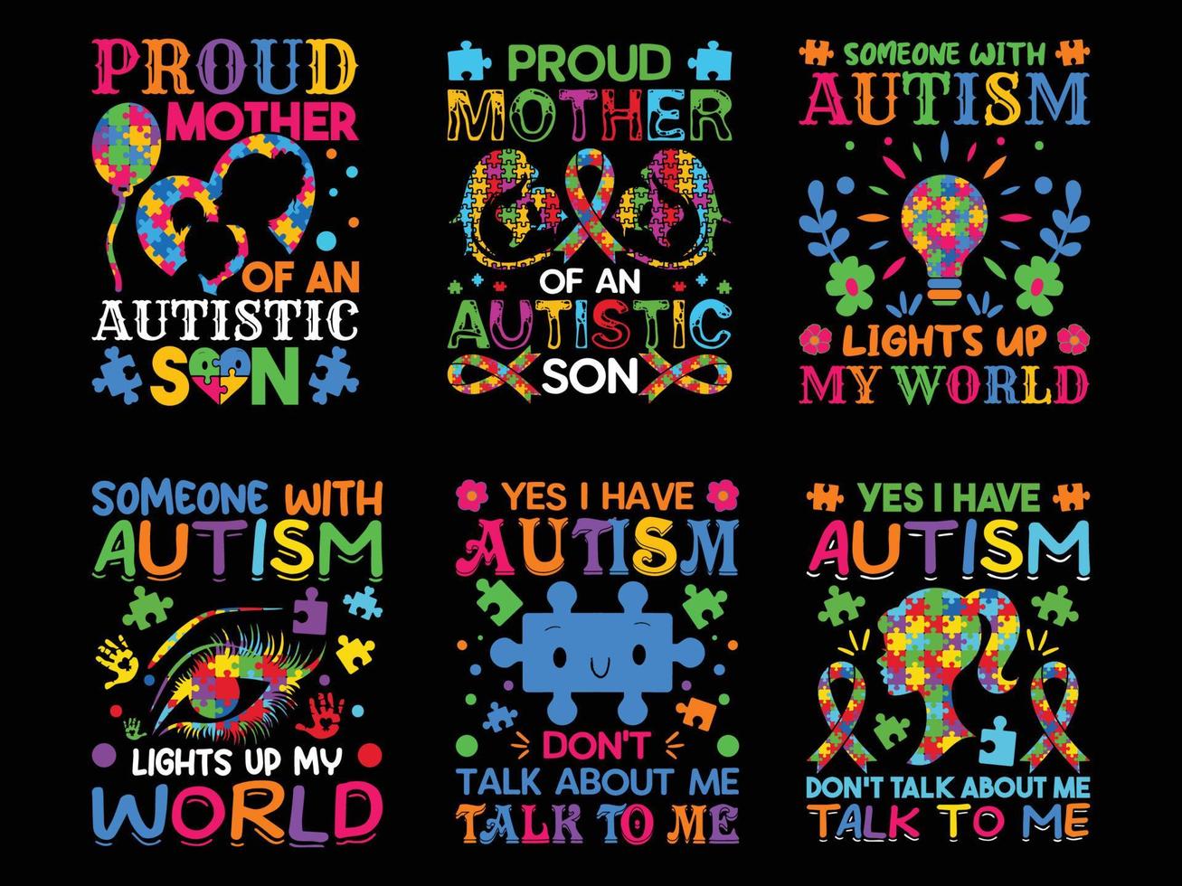 conjunto de diseños especiales de autismo para camisetas, afiches, manualidades, etc. todos los diseños son coloridos y creados con cintas, rompecabezas, amor, etc. vector